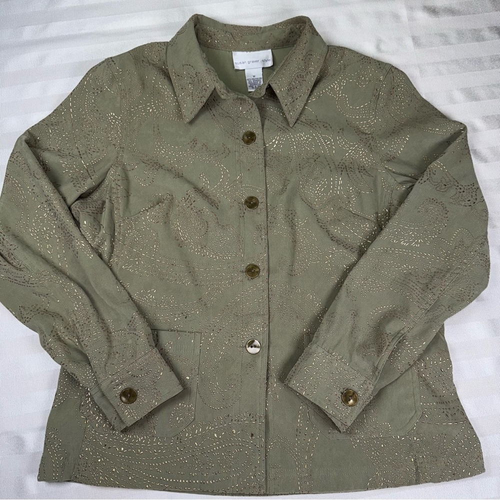 Susan Graver Sage Green Gold Embellished Utility Jacket Medium - Picture 14 of 15